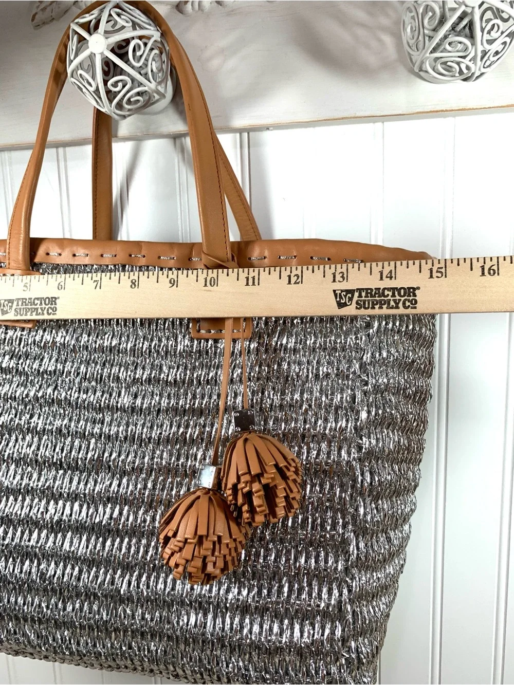Tory Burch Woven Metallic Tote with Tan Leather Trim Beautiful NWOT